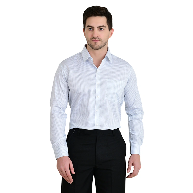 Male model in light blue micro dot print full-sleeve formal shirt with black trousers - menswear ecommerce photography by Lohar Studio Delhi